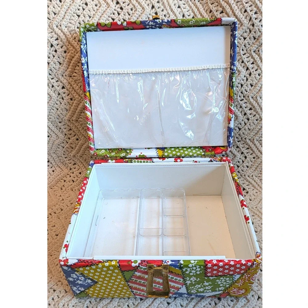Vintage Quilted Patchwork Sewing Basket Floral Print Storage Box‎ Green Handle